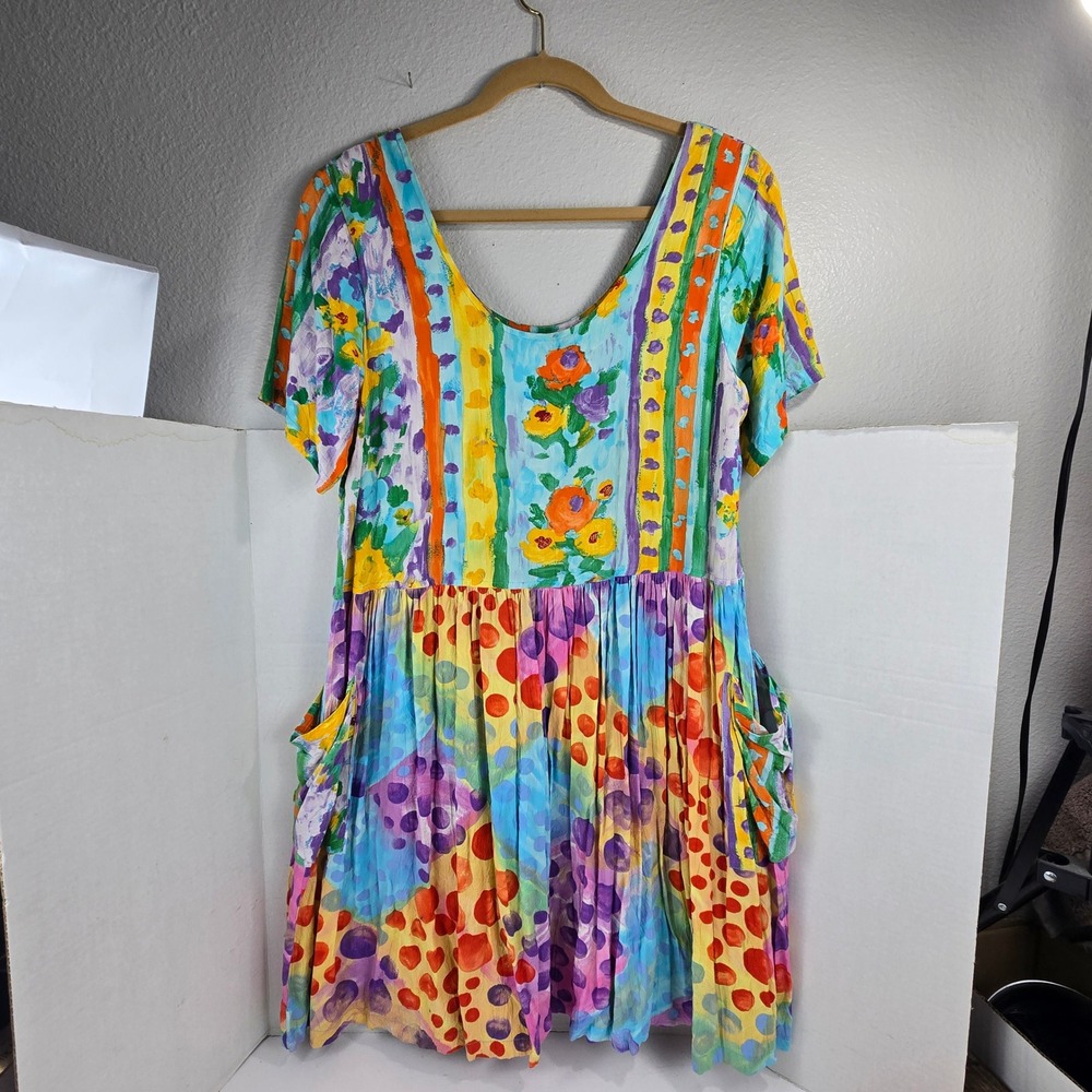 Vtg 80s Jams World Lightweight Rayon Hattie Dress Polka Dot Floral Pockets Sz XL